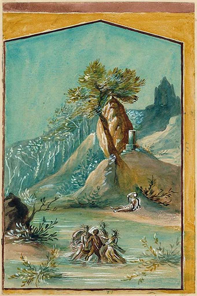 IX.7.16 Pompeii. Found on the south wall of the cubiculum on north side of entrance.
Water-colour copy of the painting of Hylas and the nymphs.
DAIR 83.299. Photo © Deutsches Archäologisches Institut, Abteilung Rom, Arkiv.