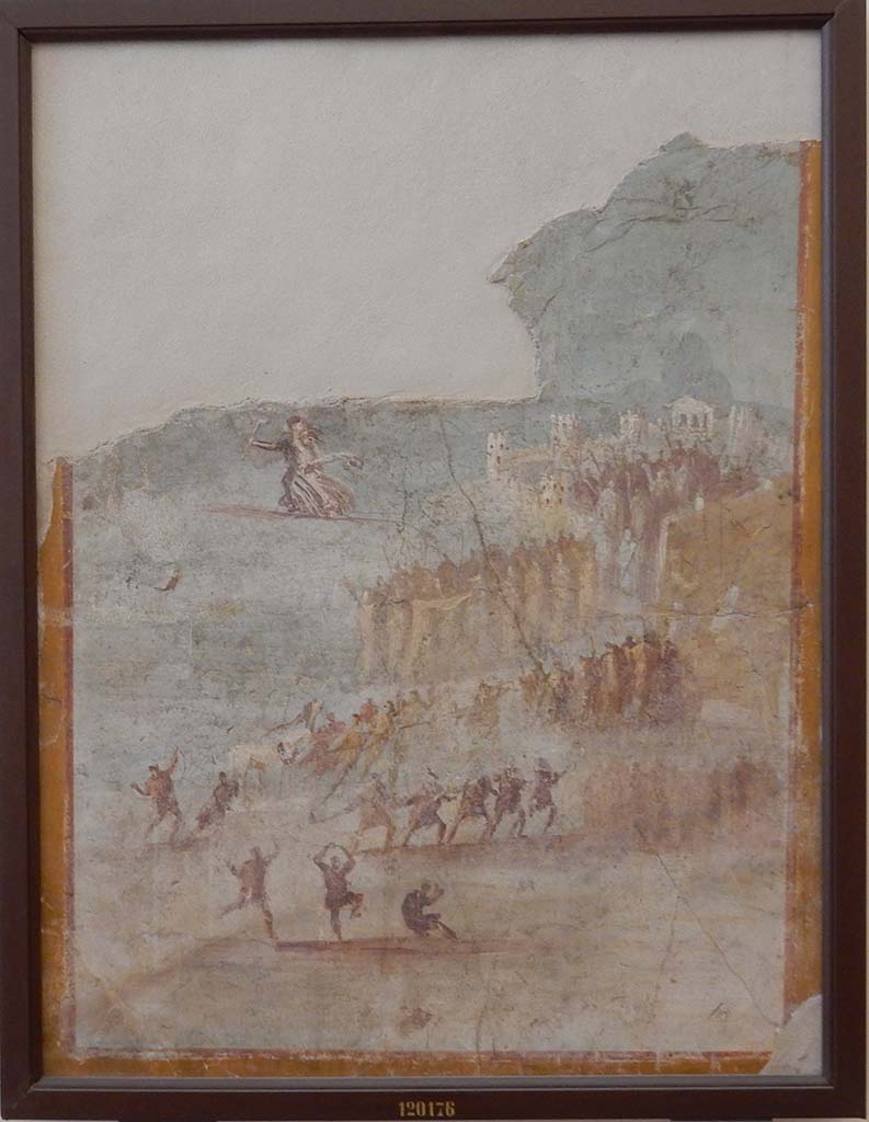 IX.7.16 Pompeii. Found on the west wall of the cubiculum on north side of entrance.
Painting of the Trojan Horse. The Trojans dance happily and drag the wooden horse to the walls of Troy.
They ignore the warnings of Cassandra who is seen withdrawing, carrying lighted torches.
Now in Naples Archaeological Museum. Inventory number 120176.
See Sampaolo V. and Bragantini I., Eds, 2009. La Pittura Pompeiana. Electa: Verona. (Page 345, Scheda 158).
See Schefold, K., 1957. Die Wände Pompejis. Berlin: De Gruyter. (page 268).
Photo courtesy of Buzz Ferebee.