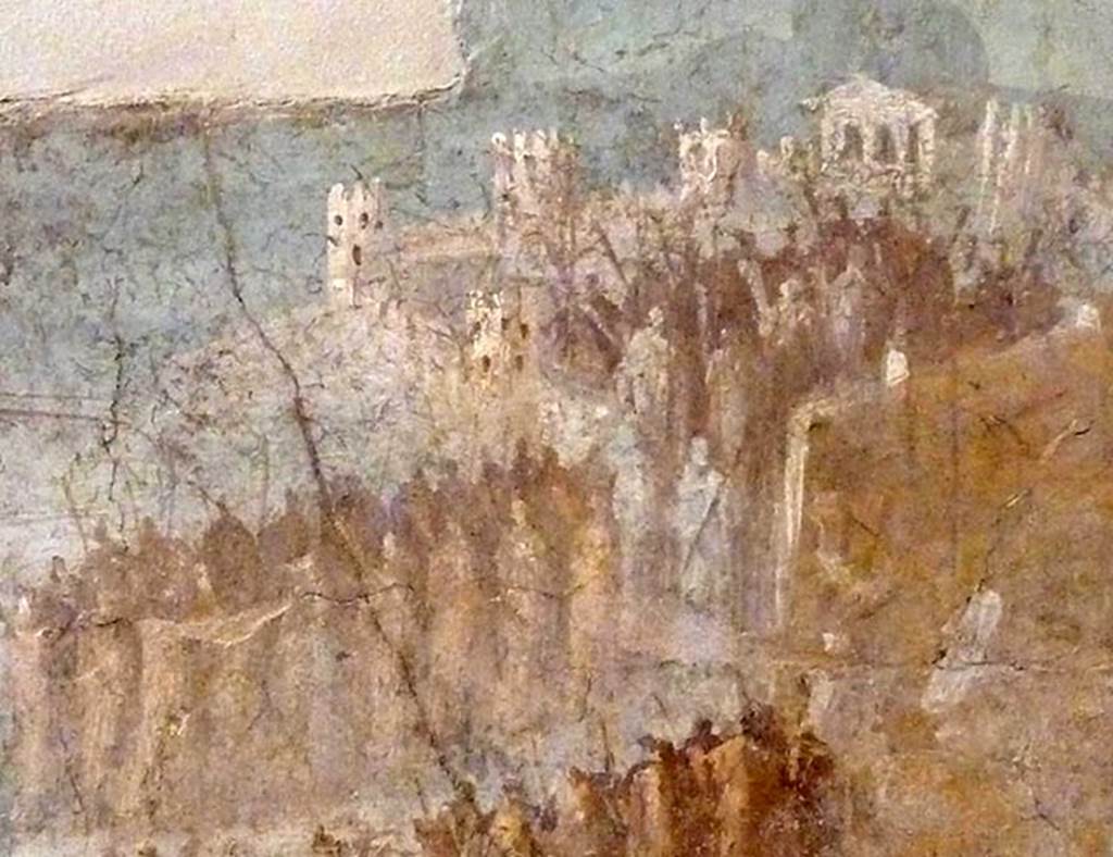 IX.7.16 Pompeii. Found on the west wall of the cubiculum on north side of entrance.
Detail of painting of the Trojan Horse. Detail of the city of Troy.