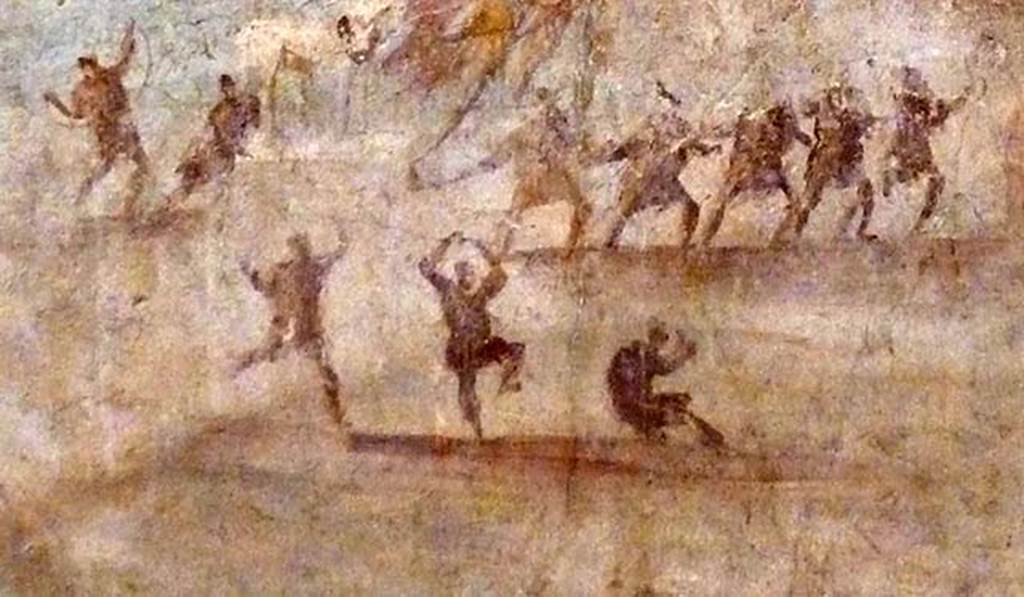IX.7.16 Pompeii. Found on the west wall of the cubiculum on north side of entrance.
Detail of painting of the Trojan Horse. The Trojans dance happily.