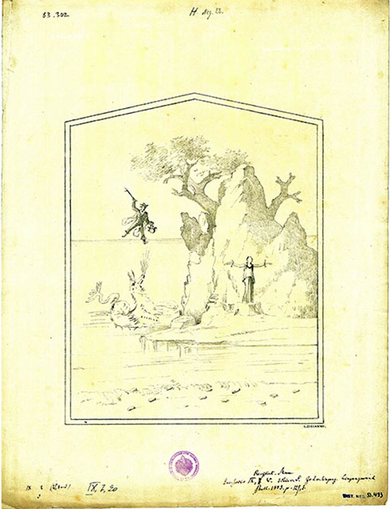 IX.7.16 Pompeii. Cubiculum on north side of entrance. East wall, right of doorway.
Copy of painting of Perseus rescuing Andromeda.
DAIR 83.302. Photo © Deutsches Archäologisches Institut, Abteilung Rom, Arkiv.