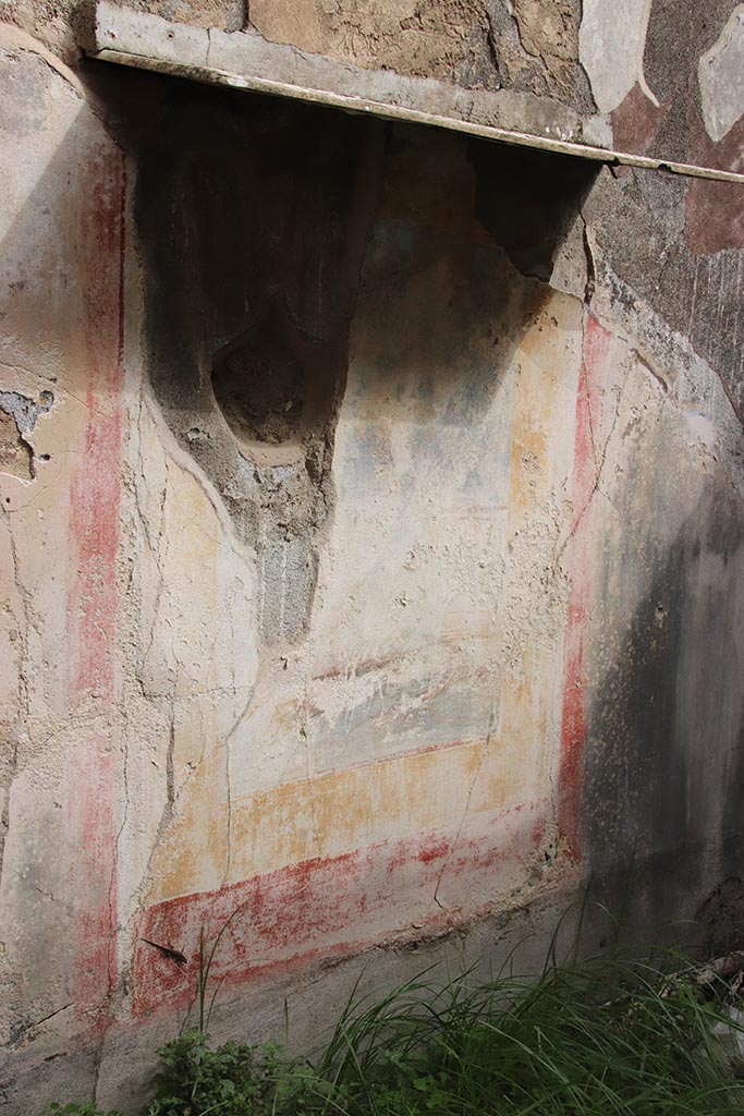IX.7.16 Pompeii. October 2024.
Room “b”, detail of remains of wall painting on east wall. Photo courtesy of Klaus Heese.