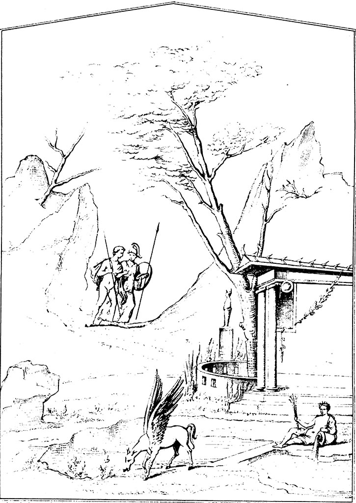 IX.7.16 Pompeii. May 2010. Triclinium, on south side of entrance, on the east wall.
Outline drawing of the painting of Bellerophon and Pegasus.
See Giornale degli Scavi, NS1, 1868 No 5, p. 117, Tav. VII,1.
See Reinach S., 1922. Répertoire de peintures grecques et romaines. Paris: Leroux. (p. 181, 5).
See Catalogue, 1989. Italienische Reise: Pompejanische Bilder in den deutschen archäologischen Sammlungen. Napoli: Bibliopolis. (p. 241-244, fig 83).
See Peters, W.J.T. (1963): Landscape in Romano-Campanian Mural Paintings. The Netherlands, Van Gorcum & Comp. (p.80 fig.66)
According to Mau, there were
on the entrance wall: Bellerophon going to find Pegasus: (Sogliano 520).
on the left wall: Daedalus and Icarus: (Sogliano 523).
on the rear wall: nearly destroyed: Selene and Endymion: Landscape with trees and to the left – a temple. (Sogliano 457: Helbig 942,).
See Mau, in Bullettino dell’Instituto di Corrispondenza Archeologica (DAIR), 1883, (p.130-1)
See Sogliano, A., 1879. Le pitture murali campane scoverte negli anni 1867-79. Napoli: Giannini. (nos. 520, 523 and 457).
See Helbig, W., 1868. Wandgemälde der vom Vesuv verschütteten Städte Campaniens. Leipzig: Breitkopf und Härtel. (no. 952).