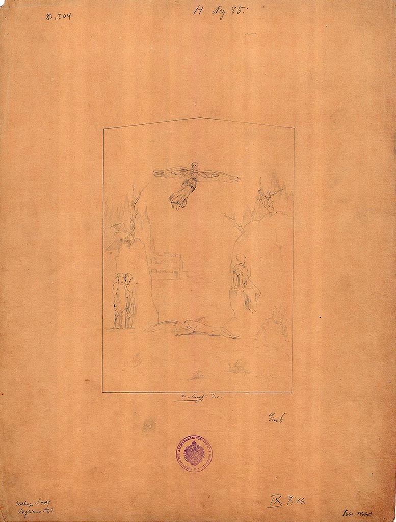 IX.7.16 Pompeii. Triclinium. Drawing by A. Aurelj of Daedalus and Icarus, found in 1867 on the south wall.
DAIR 83.304. Photo © Deutsches Archäologisches Institut, Abteilung Rom, Arkiv.
See Sogliano, A., 1879. Le pitture murali campane scoverte negli anni 1867-79. Napoli: Giannini. (no: 523).