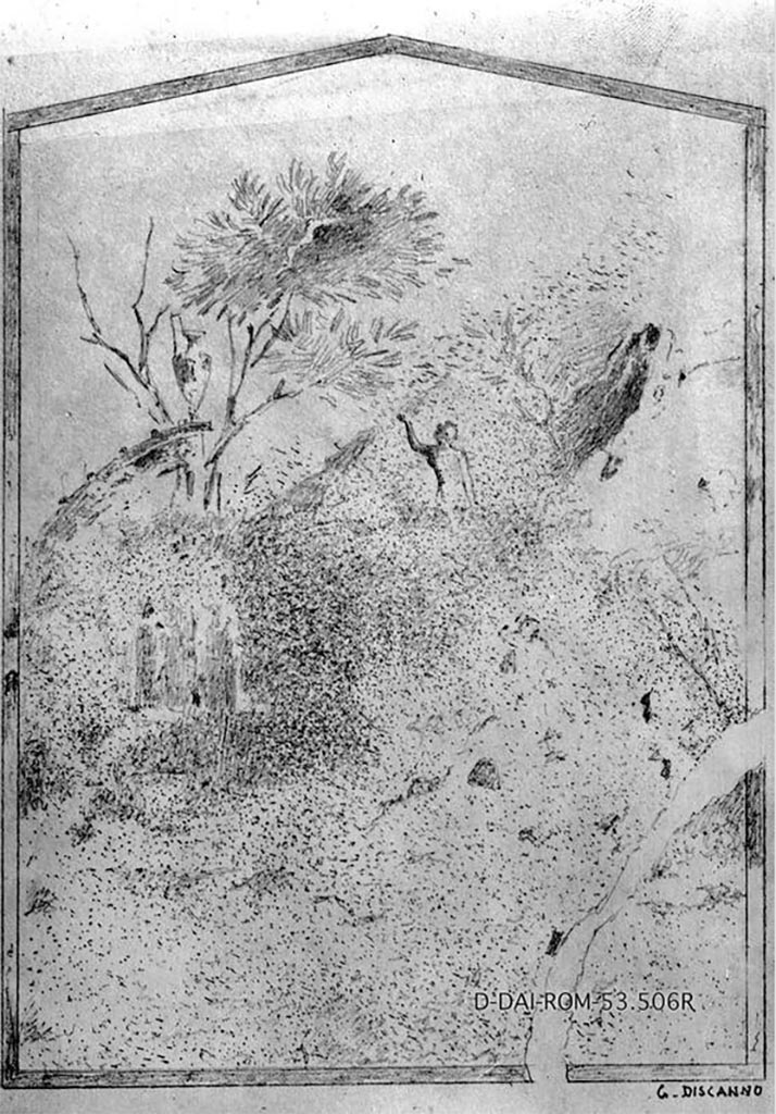 IX.7.16 Pompeii. Triclinium, found on the west wall in 1867, and then reburied.
Due to the bad state of the painting when found, it was recognised originally by Mau as Selene and Endymion (but most probably Diana and Acteon).
DAIR 83.305. Photo © Deutsches Archäologisches Institut, Abteilung Rom, Arkiv.
See Sogliano, A., 1879. Le pitture murali campane scoverte negli anni 1867-79. Napoli: Giannini. (no: 457).
See Helbig, W., 1868. Wandgemälde der vom Vesuv verschütteten Städte Campaniens. Leipzig: Breitkopf und Härtel. (no: 952).