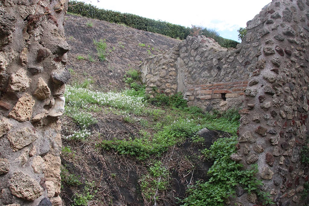 IX.7.16 Pompeii. October 2024.
Room 6, looking north through doorway from room “d”, with room 5 unexcavated into the bank of earth. Photo courtesy of Klaus Heese.