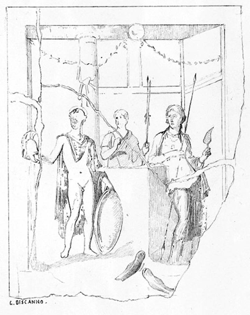 IX.7.16 Pompeii. East wall of cubiculum on south side of atrium.
Drawing by Discanno, sometimes identified as Thetis and Achilles, sometimes as Dido and Aeneas.
DAIR 83.307. Photo © Deutsches Archäologisches Institut, Abteilung Rom, Arkiv.
See http://arachne.uni-koeln.de/item/marbilder/5343205