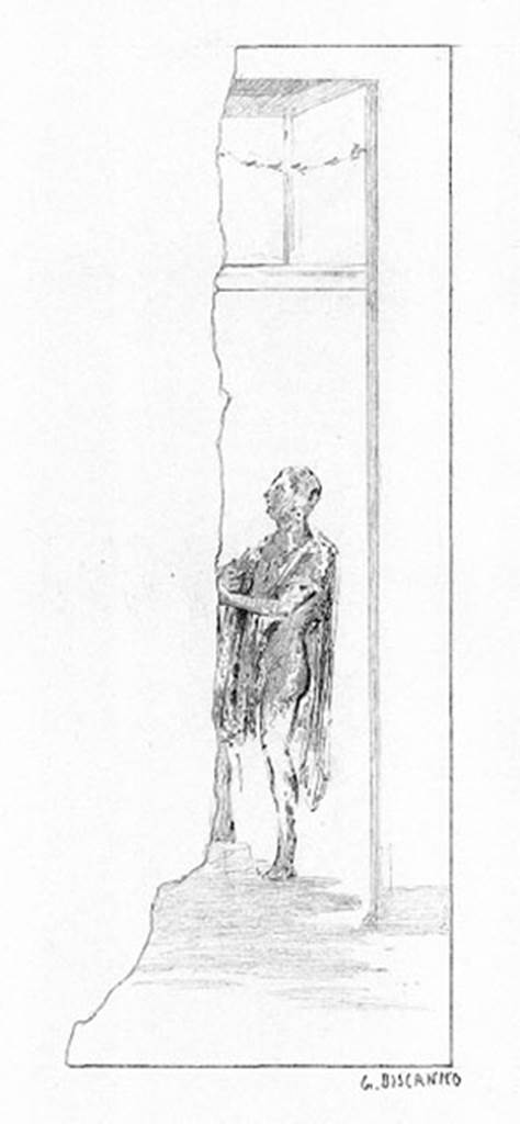 IX.7.16 Pompeii. South wall of cubiculum.
Drawing by Discanno showing a fragment of painting from the prophecy of Cassandra.
DAIR 83,308. Photo © Deutsches Archäologisches Institut, Abteilung Rom, Arkiv.
See http://arachne.uni-koeln.de/item/marbilder/5343206