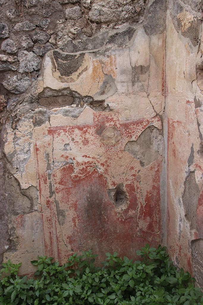 IX.7.16 Pompeii. October 2024.
Room “c”, detail from south wall at west end. Photo courtesy of Klaus Heese.
