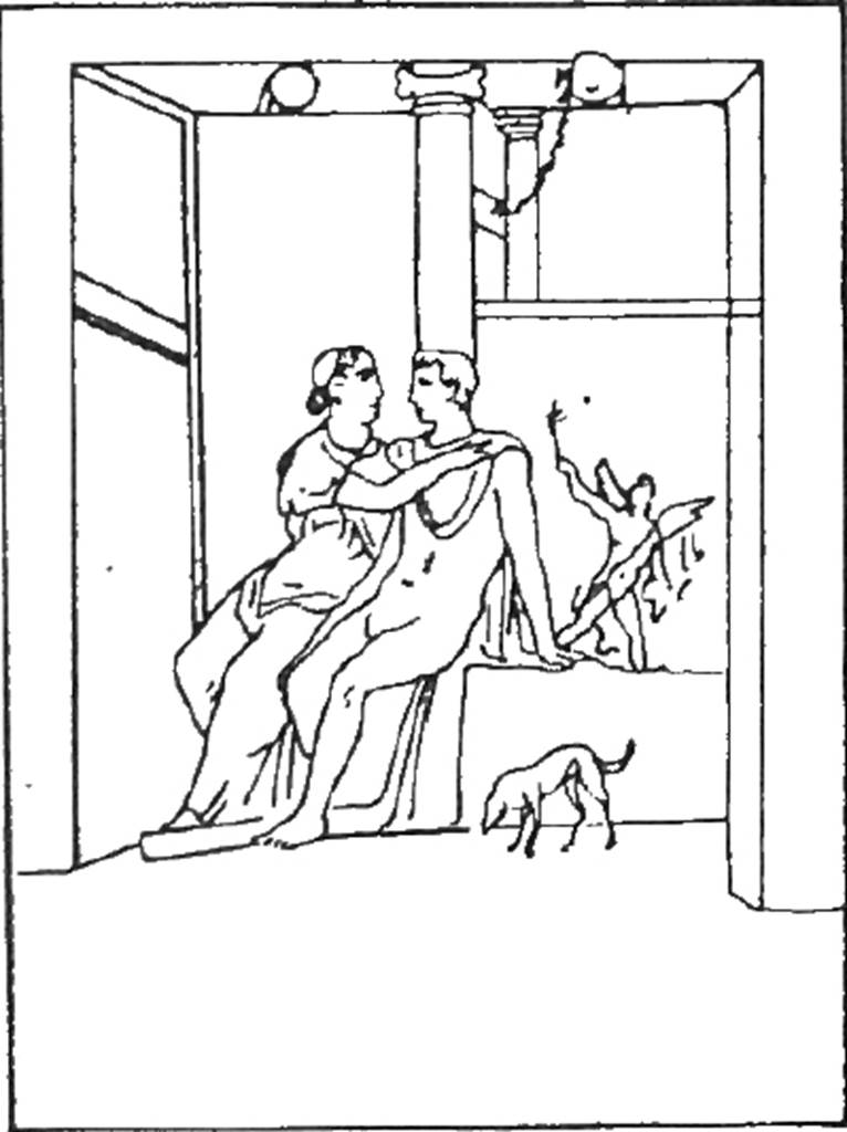 IX.7.16 Pompeii. May 2010. Cubiculum, west wall. Outline drawing of the painting of Aphrodite and Adonis or Mars and Venus. See Reinach S., 1922. Répertoire de peintures grecques et romaines. Paris: Leroux. (p. 65,5).
See Schefold, K., 1962. Vergessenes Pompeji. Bern: Francke. (Taf 55,3).
See Helbig, W., 1868. Wandgemälde der vom Vesuv verschütteten Städte Campaniens. Leipzig: Breitkopf und Härtel. (323)