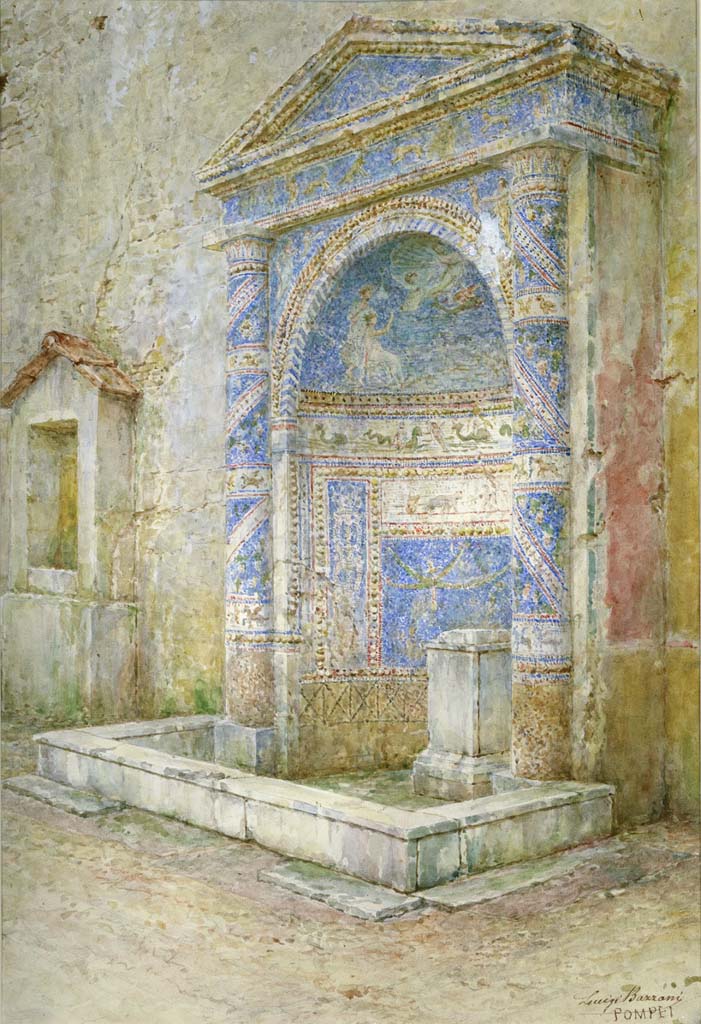IX.7.16 Pompeii. Room 8. Undated watercolour by Luigi Bazzani.
Looking south-west towards fountain, and an aedicula niche on its south side.
Now in Naples Archaeological Museum, inv. no. 139427.
(described as “Fountain of the House of C. Virnius Modestus (IX 7, 16) in Pompeii”.