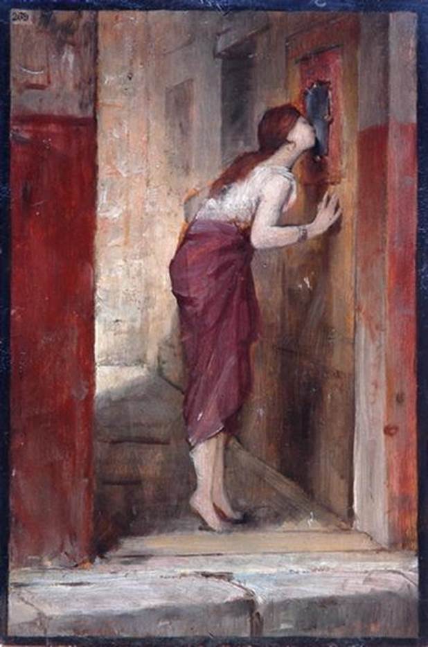 IX.7.19 Pompeii. 1885. Painting of entrance doorway shortly after excavation. Study by Louis Hector Leroux for his painting “La pierre mystérieuse de Pompéi” (The Mysterious Stone of Pompeii). The painting has the inscription Rég (io) IX - Ins (ula) II - Via Quarta. This was in fact Regio IX .7.19. Now in the Musée de la Princerie, Verdun. Photo courtesy of Daniel Genot. The mysterious stone was a piece of dark-blue, or black glass, more than likely used as a mirror. The house was thus named the House of the Mirror. According to NSA, found on December 13th 1880 in the house of the 3rd door on the west side counting from the north-west of the insula, was a piece of glass. This was found on the right-hand side on entering the small atrium, discovered boxed in the wall, for use as a mirror. It was fixed to the wall with nails around its edge. See Notizie degli Scavi di Antichità, 1880, p.493. (on p.491, it is described as “a piece of glass on a black background”).
