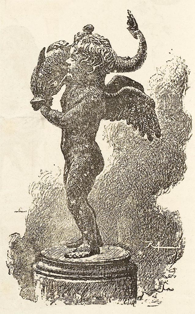 IX.7.20 Pompeii. c.1880. Bronze statuette of cupid with dolphin on right shoulder found in the peristyle.
See Mele, A. (ed.) Pompei. Rivista illustrata di archeologia popolare e industriale e d’arte. Anno 1, num. 1, 31 Marzo 1881. (p.4).
