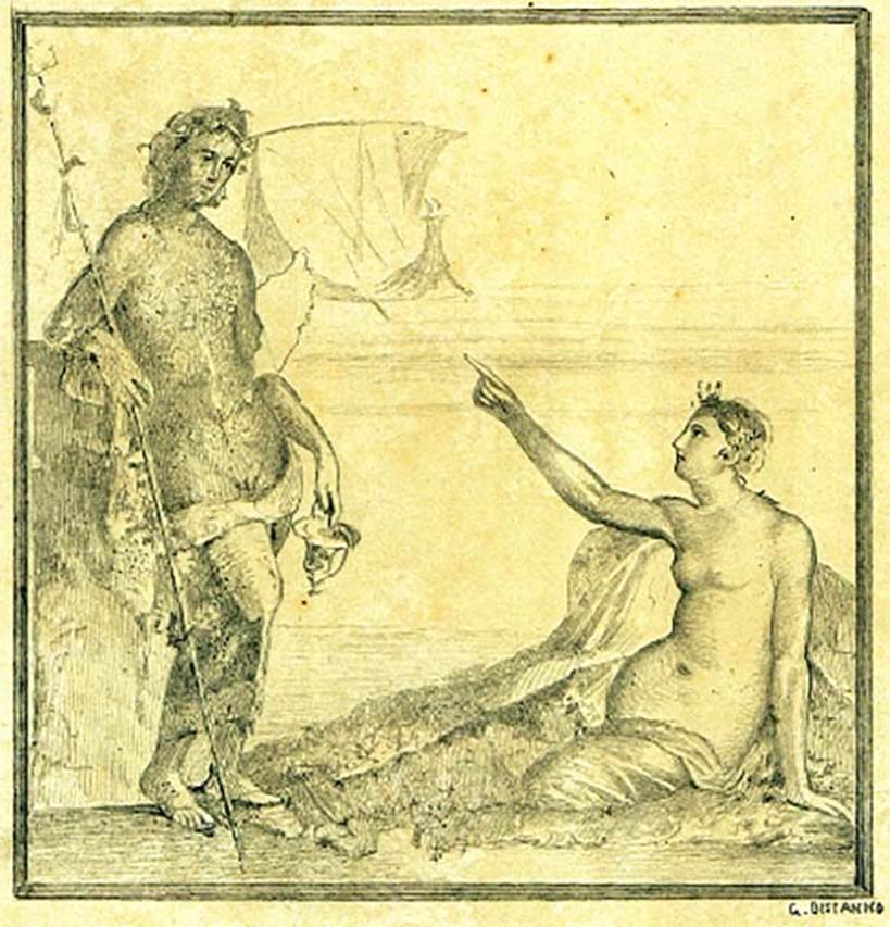IX.7.20 Pompeii. Wall painting by Discanno from room (L).
The meeting of Dionysus and Ariadne, with the departing boat of Theseus between them.
DAIR 83.312. Photo © Deutsches Archäologisches Institut, Abteilung Rom, Arkiv.
Kuivalainen describes –
“A composition of two figures on the shore. ……………………….”
Kuivalainen comments –
“A half-naked Bacchus is observing Ariadne, who points her finger (accusingly?) at the newly arrived stranger or Theseus’ ship.”
See Kuivalainen, I., 2021. The Portrayal of Pompeian Bacchus. Commentationes Humanarum Litterarum 140. Helsinki: Finnish Society of Sciences and Letters, (p.154-5, E18).