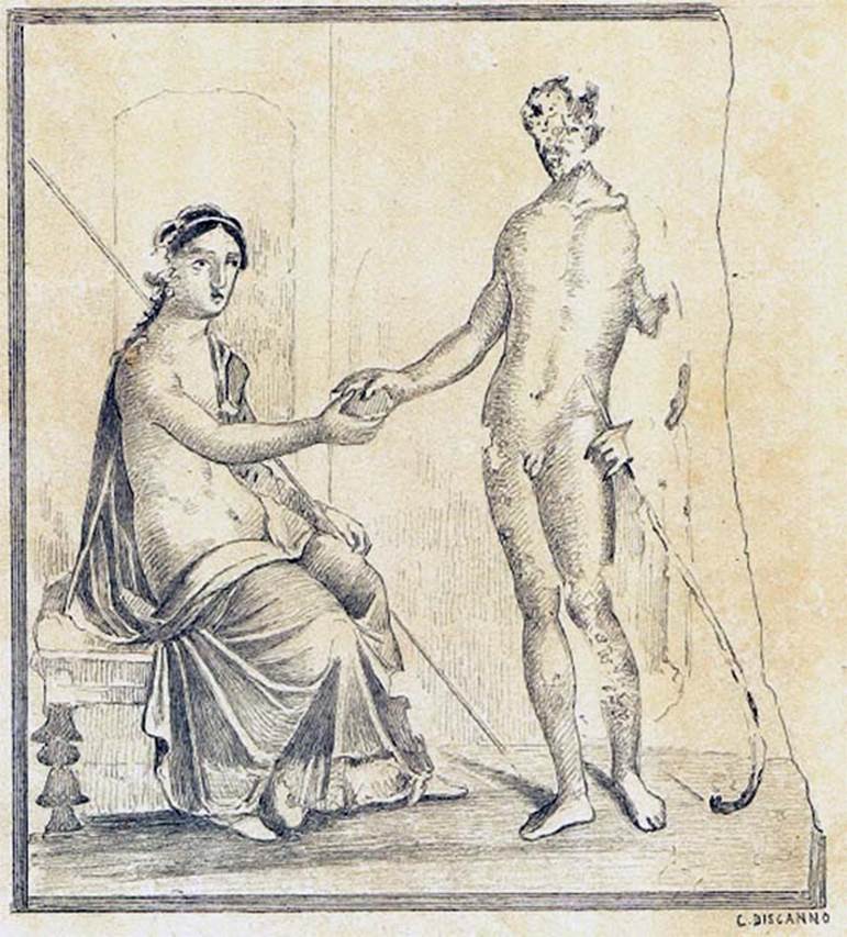 IX.7.20 Pompeii. Wall painting by Discanno from east wall of room (L).
Ariadne giving the ball of thread to Theseus to help his find his way out from the labyrinth.
DAIR 83.314. Photo © Deutsches Archäologisches Institut, Abteilung Rom, Arkiv.