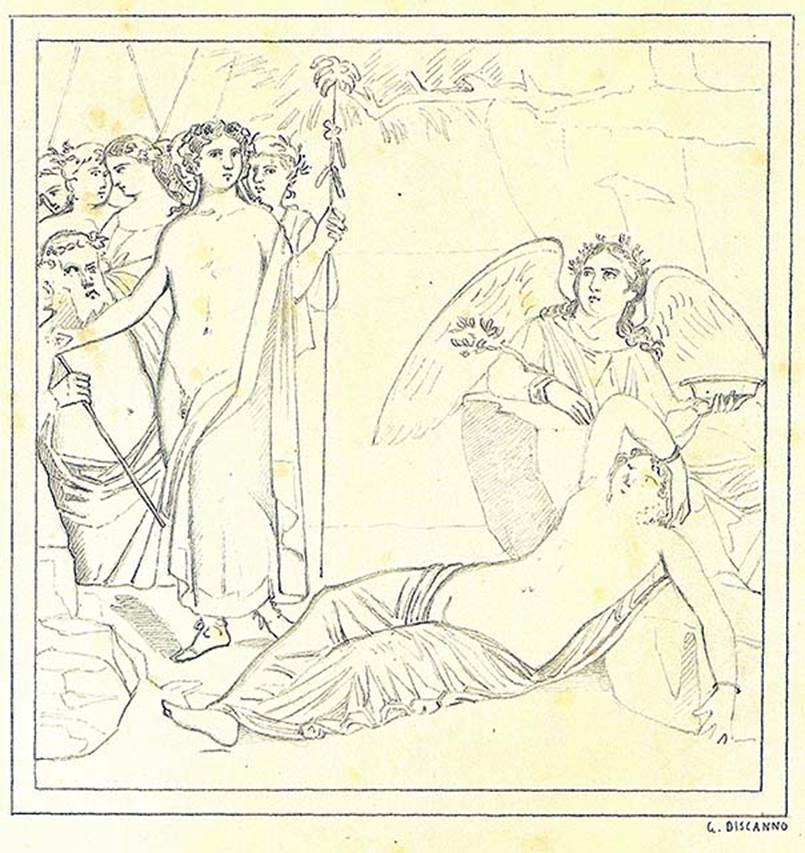 IX.7.20 Pompeii. 19th century drawing by Discanno of wall painting from south wall of room (i).
Painting showing Dionysus discovering Ariadne.
DAIR 83.310. Photo © Deutsches Archäologisches Institut, Abteilung Rom, Arkiv.
Kuivalainen describes –
“A composition of at least nine figures……………………..”
Kuivalainen comments –
“Another type of composition, divided into two halves by Bacchus’ upright thyrsus. The one on the right is filled with Ariadne and Hypnus, who is looking worried at the crowd of the entering thiasus on the left half.”
See Kuivalainen, I., 2021. The Portrayal of Pompeian Bacchus. Commentationes Humanarum Litterarum 140. Helsinki: Finnish Society of Sciences and Letters, (p.153, E16).