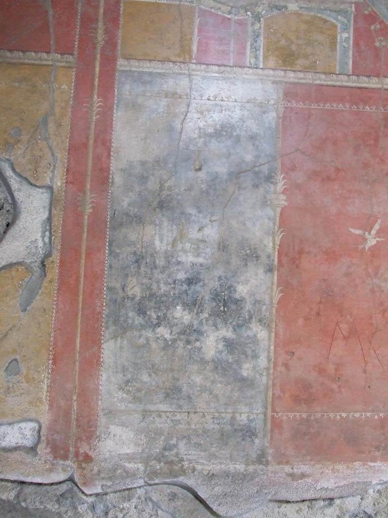 IX.7.20 Pompeii. December 2007.
Room (i), west wall, panels to south of central painting. On the red panel is a painted white swan.