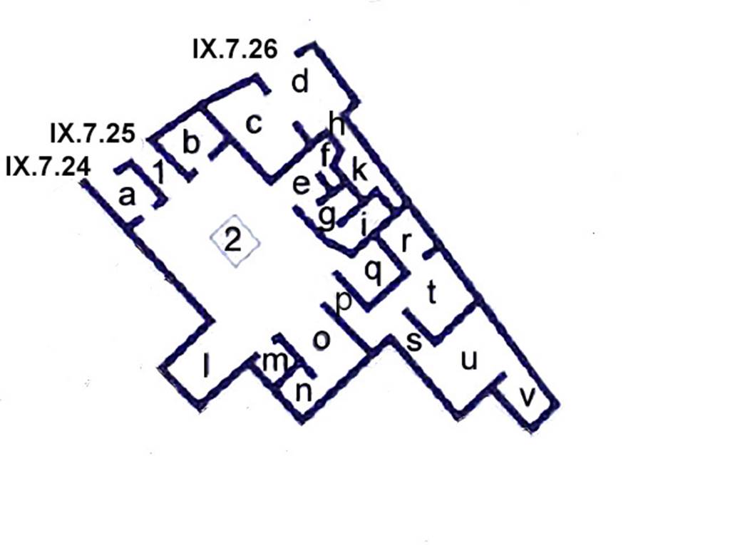 IX.7.24 Pompeii. Combined plan of IX.7.24, IX.7.25 and IX.7.26. Based on plan in PPM.
See Carratelli, G. P., 1990-2003. Pompei: Pitture e Mosaici. Roma: Istituto della enciclopedia italiana, Vol. IX, p. 870.