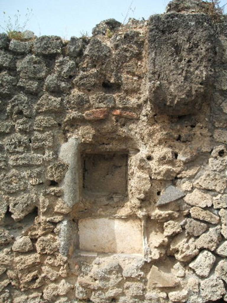 IX.7.24 Pompeii. May 2005. West wall with square niches.
According to Mau, two niches were found in the right wall of the shop, above the podium.
The floor of the lower of these was formed by a sheet of grey marble; the rest was of white stucco.
The upper was all faced in marble, and also part of the wall (above it at least by 0.18) but nothing remained of this facing, other than a few small pieces and it seemed that it was removed by antique excavators.
It was most likely that the niche was adorned in the guise of a temple, and would have contained the images of the Lares.
See Mau in BdI, 1882, (p.148)