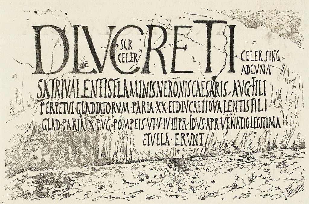 IX.8.1, Pompeii. Drawing of painted inscription from west side of insula IX.8 in Vicolo del Centenario.
See Mele, A. (ed.) Pompei. Rivista illustrata di archeologia popolare e industriale e d’arte. Anno 1, num. 4, 30 Giugno 1881. (p.3).