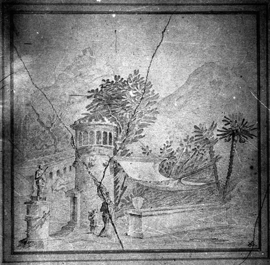 230654 Bestand-D-DAI-ROM-W.1473.jpg
IX.8.2 Pompeii. W.1473. Sacred landscape from west wall. According to Bragantini, the painting has been removed. It showed an altar with a statue of Hekate, a tower, a tree, an offering woman, a small child and a sun-shade attached to a palm-tree. See Bragantini, de Vos, Badoni, 1986. Pitture e Pavimenti di Pompei, Parte 3. Rome: ICCD. (p.511)
Photo by Tatiana Warscher. Photo © Deutsches Archäologisches Institut, Abteilung Rom, Arkiv. See http://arachne.uni-koeln.de/item/marbilderbestand/230654