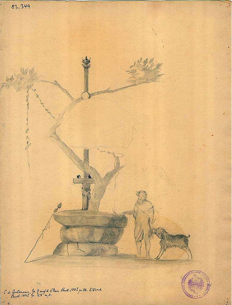 IX.8.6 Pompeii. Room 36, drawing of a sacrifice scene with Silenus leading a reluctant goat beneath a column topped by an urn.
DAIR 83.349. Photo © Deutsches Archäologisches Institut, Abteilung Rom, Arkiv.
