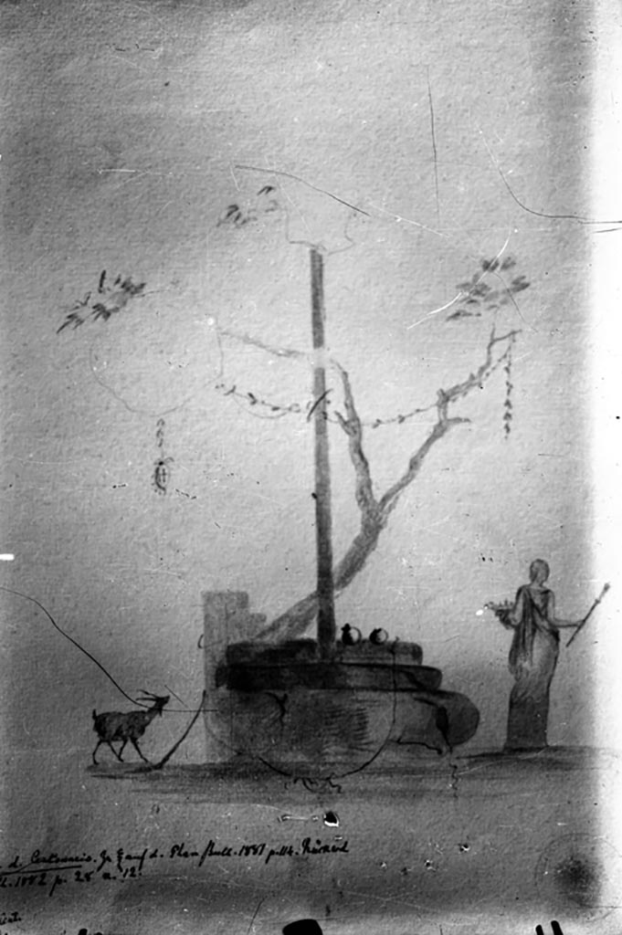 IX.8.6 Pompeii. W.1468. Room 36, drawing of sacred landscape.
According to Bragantini, this vignette was painted on the south wall, in the central panel.
See Bragantini, de Vos, Badoni, 1986. Pitture e Pavimenti di Pompei, Parte 3. Rome: ICCD. (p.529)
This is described as a sacrifice scene with a female figure holding a plate and a torch near an altar with column, tree without foliage and a goat.
Photo by Tatiana Warscher. Photo © Deutsches Archäologisches Institut, Abteilung Rom, Arkiv.