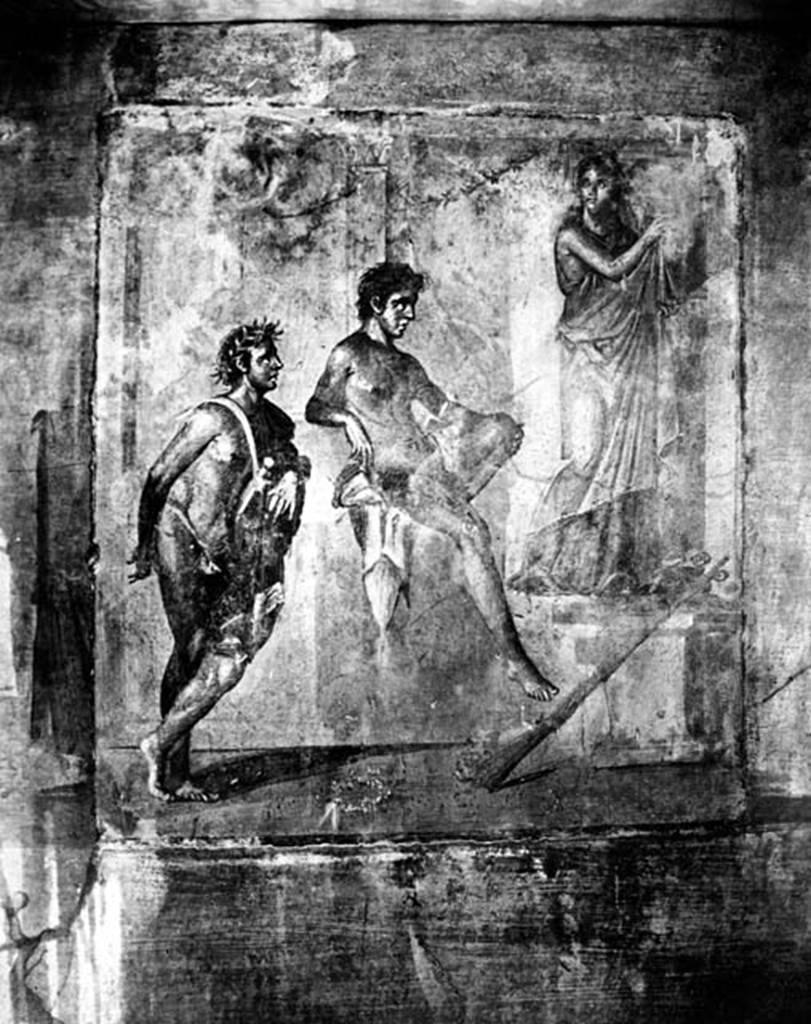 IX.8.6 Pompeii. W.1455. Room 38, south wall of triclinium, painting of Iphigenia, Oreste and Pylades in Tauris.
Photo by Tatiana Warscher. Photo © Deutsches Archäologisches Institut, Abteilung Rom, Arkiv.