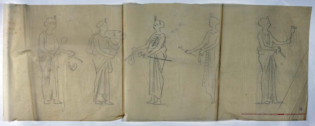 IX.8.6 Pompeii. Drawing by Geremia Discanno, of painted panel showing five of the Egyptian styled women seen on a black background.
He drew fourteen of the twenty-two figures which decorated the centre of the black panels of the middle area of walls of the room.
Now in Naples Archaeological Museum. Inventory number ADS 1108.
Photo © ICCD. http://www.catalogo.beniculturali.it
Utilizzabili alle condizioni della licenza Attribuzione - Non commerciale - Condividi allo stesso modo 2.5 Italia (CC BY-NC-SA 2.5 IT)