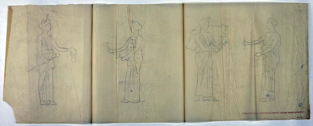 IX.8.6 Pompeii. Drawing by Geremia Discanno, of painted panel showing four of the Egyptian styled women seen on a black background.
He drew fourteen of the twenty-two figures which decorated the centre of the black panels of the middle area of walls of the room.
Now in Naples Archaeological Museum. Inventory number ADS 1106.
Photo © ICCD. http://www.catalogo.beniculturali.it
Utilizzabili alle condizioni della licenza Attribuzione - Non commerciale - Condividi allo stesso modo 2.5 Italia (CC BY-NC-SA 2.5 IT)