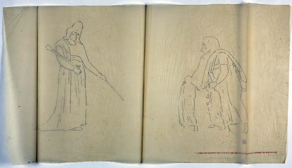 IX.8.6 Pompeii. Drawing by Geremia Discanno, of one of the scenes seen in the frieze, this one of Medea with the unsheathed sword, approaching the children.
Now in Naples Archaeological Museum. Inventory number ADS 1109.
Photo © ICCD. http://www.catalogo.beniculturali.it
Utilizzabili alle condizioni della licenza Attribuzione - Non commerciale - Condividi allo stesso modo 2.5 Italia (CC BY-NC-SA 2.5 IT)