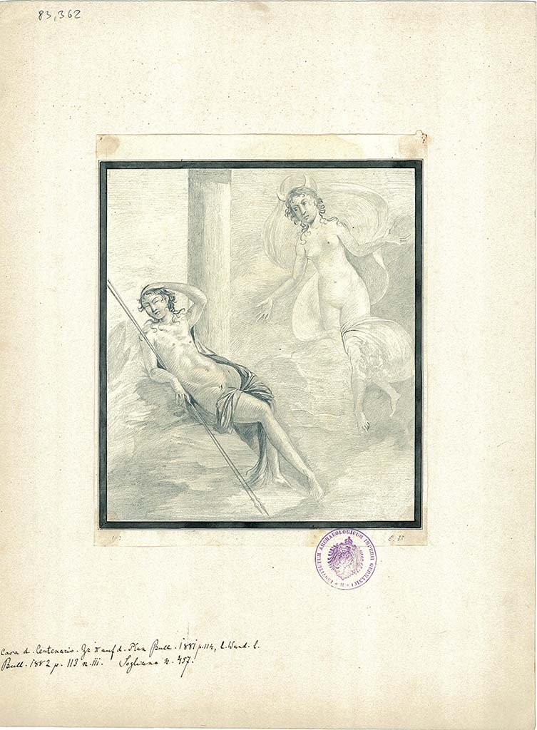 IX.8.6 Pompeii. Room 39, drawing of wall painting of Endymion and Selene.
DAIR 83.362. Photo © Deutsches Archäologisches Institut, Abteilung Rom, Arkiv.