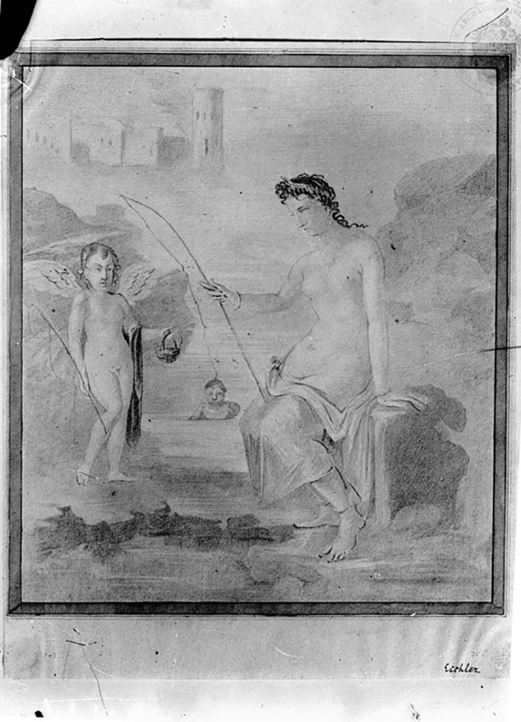 IX.8.6 Pompeii. W.1464. Room 39, drawing of wall painting of Venus fishing.
See Sogliano, A., 1879. Le pitture murali campane scoverte negli anni 1867-79. Napoli: Giannini. (p.36, no.145).
Photo by Tatiana Warscher. Photo © Deutsches Archäologisches Institut, Abteilung Rom, Arkiv.