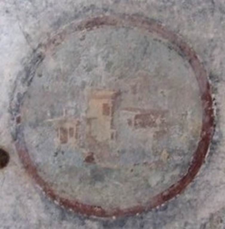 IX.8.6 Pompeii. December 2007. Room 40, north wall of cubiculum, east end. Painted medallion of architectural scene with people and animals..