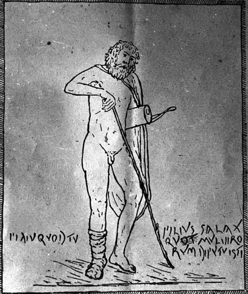 230472 Bestand-D-DAI-ROM-W.1466.jpg
IX.8.6 Pompeii. W.1466. Drawing of wall painting of the injured Philoctetes found on south wall of the left ala. Now in Naples Archaeological Museum.  Inventory number 120032.
Photo by Tatiana Warscher. With kind permission of DAI Rome, whose copyright it remains.  See http://arachne.uni-koeln.de/item/marbilderbestand/230472 

According to Sogliano, Philoctetes was standing on his right foot which was covered but his left foot was bare and the leg was slightly bent. In his right hand he held a long staff. Under the left arm was the bow and quiver. See Sogliano, A., 1879. Le pitture murali campane scoverte negli anni 1867-79. Napoli: Giannini. (no.574)
On the right, the graffito read:
FILIVS SALAX
QVOT MVLVIIRO
RVM DIFVTVISTI.
According to Varone, this translated as � You young rascal! Just how many women have you laid?
See Varone, A., 2002. Erotica Pompeiana: Love Inscriptions on the Walls of Pompeii, Rome: L�erma di Bretschneider. (p.68, CIL IV 5213)
On the left the graffito read:
FILIVQUOD TV
According to Epigraphik-Datenbank Clauss/Slaby (See www.manfredclauss.de) these read as -
Filius salax
quia to[t] mulier{or}um dif(f)utuisti 
 
Filiu(s) quo<t=D> tu       [CIL IV, 5213 = AE 2008, 00320]
