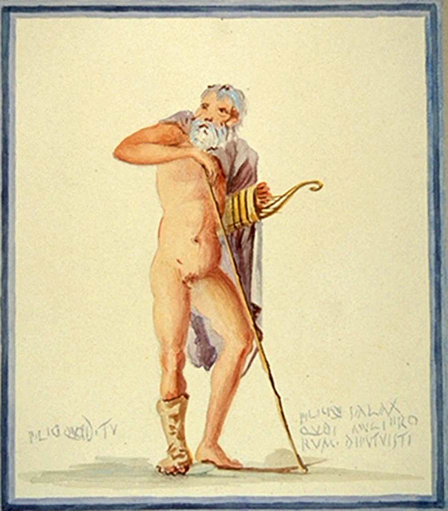 IX.8.6 Pompeii. 19th century watercolour copy of wall painting of the injured Philoctetes found on south wall of the left ala.
Now in Winckelmann-Gesellschaft/Winckelmann-Museum, Stendal (Landkreis), Deutschland. Inventory Number WG-B-101,161 -F.