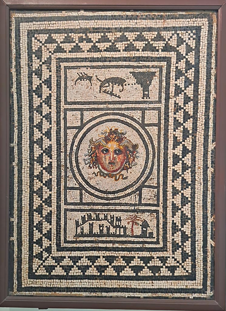 IX.8.6 Pompeii. September 2024. Room 55, mosaic emblema from centre of floor in cubiculum.
Largely black and white mosaic with a polychrome gorgons’ head in a circle in the centre.
Now in Naples Archaeological Museum. Inventory number 112284. Photo courtesy of Giuseppe Ciaramella.