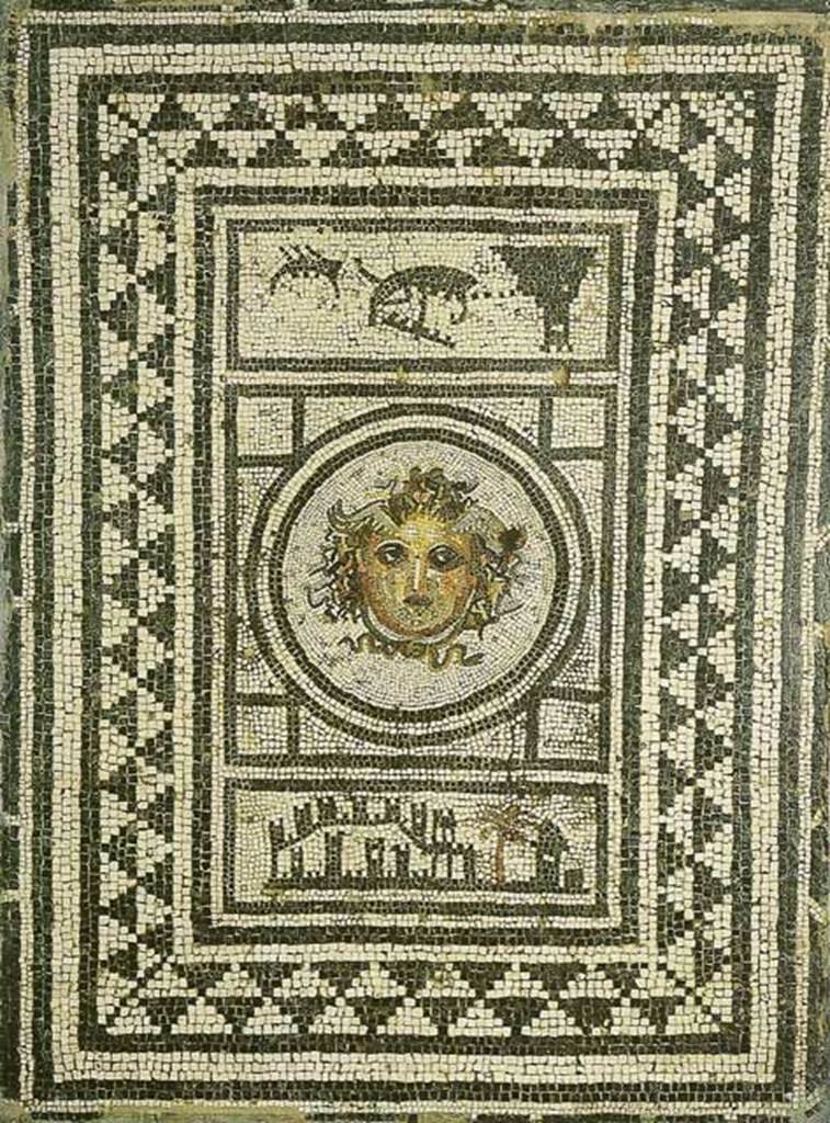 IX.8.6 Pompeii. March 2009. Room 55, mosaic from centre of floor in cubiculum. Largely black and white mosaic with a polychrome gorgons head in a circle in the centre. Mau describes the head as a good job though not really of first quality. Now in Naples Archaeological Museum. Inventory number 112284. See Mau, BdI 1881 p. 175.