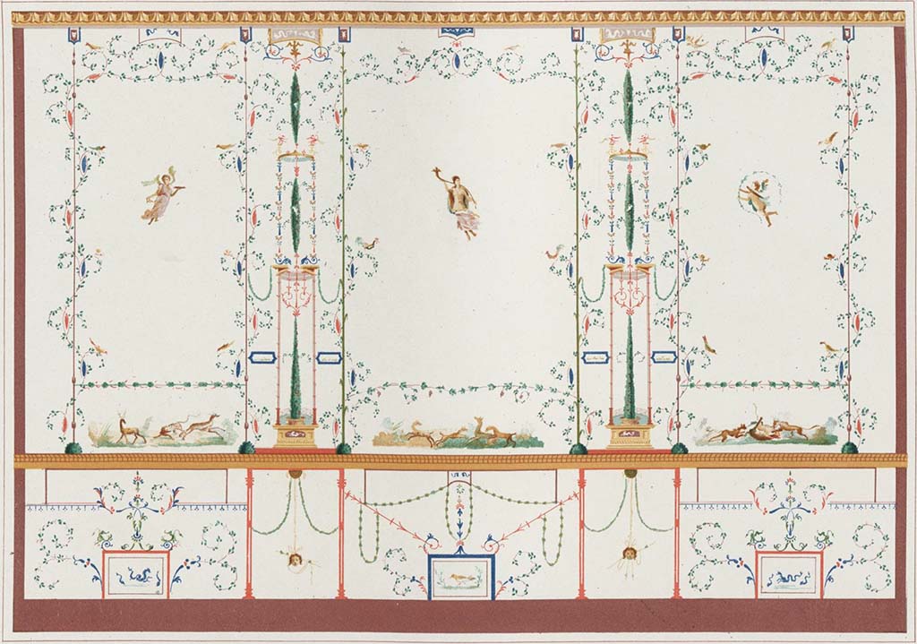 IX.8.6 Pompeii. Room 57, west wall of white triclinium.
See Niccolini F, 1890. Le case ed i monumenti di Pompei: Volume Terzo. Napoli. Casa del Centenario (Tav. III).