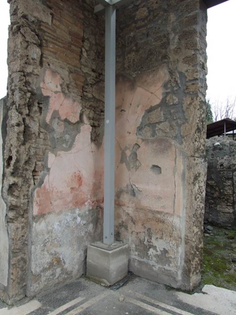 IX.8.6 Pompeii. March 2009. Atrium, north-west corner, between rooms 5 and 6. According to Bragantini, there would have been a painting of a flying cupid with incense burner, on the west wall of the atrium, at the north end, to the left. There would have been a painting of a flying female figure, on the north wall, to the right.
See Bragantini, de Vos, Badoni, 1986. Pitture e Pavimenti di Pompei, Parte 3. Rome: ICCD. (p.515-6)