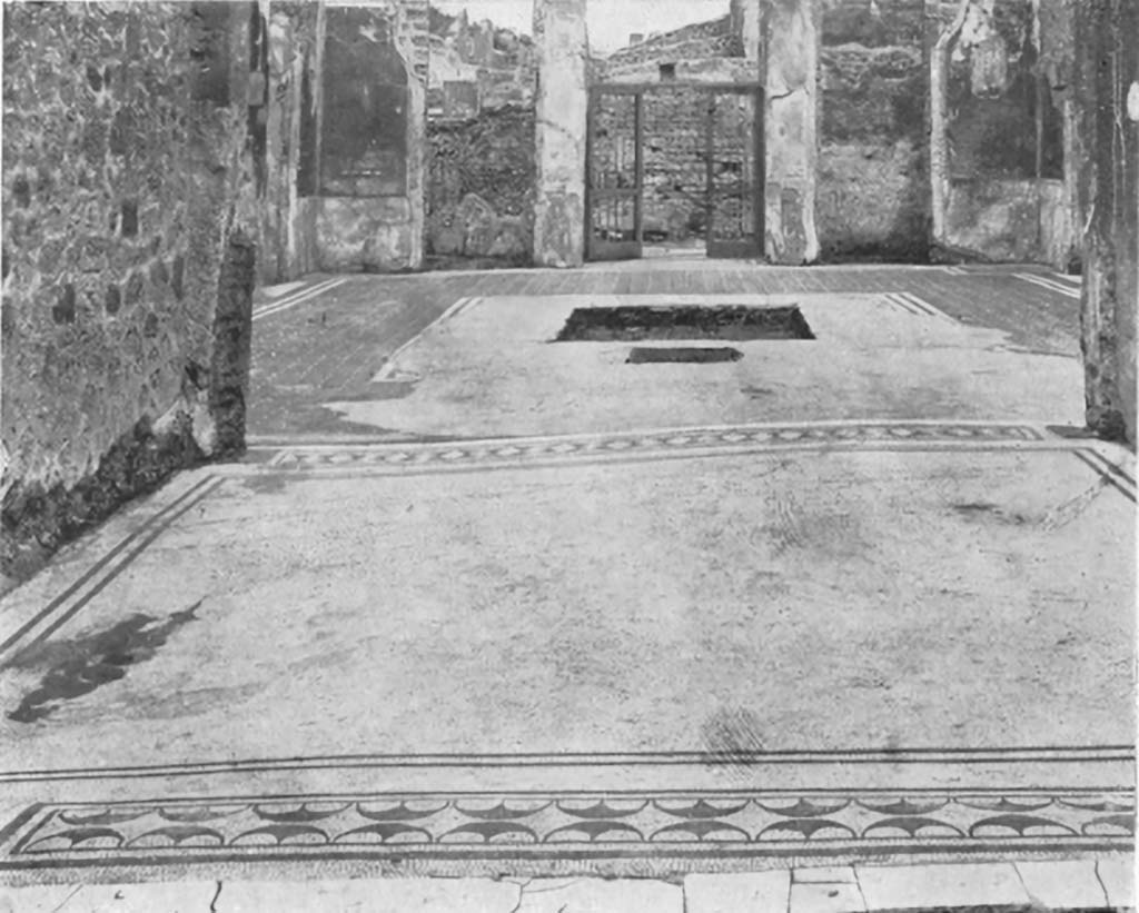 IX.8.6 Pompeii. c.1930. Room 9, looking north across flooring in tablinum, towards atrium and entrance doorway.
See Blake, M., (1930). The pavements of the Roman Buildings of the Republic and Early Empire. Rome, MAAR, 8, (p.98, 104, & Pl.33, tav.3).