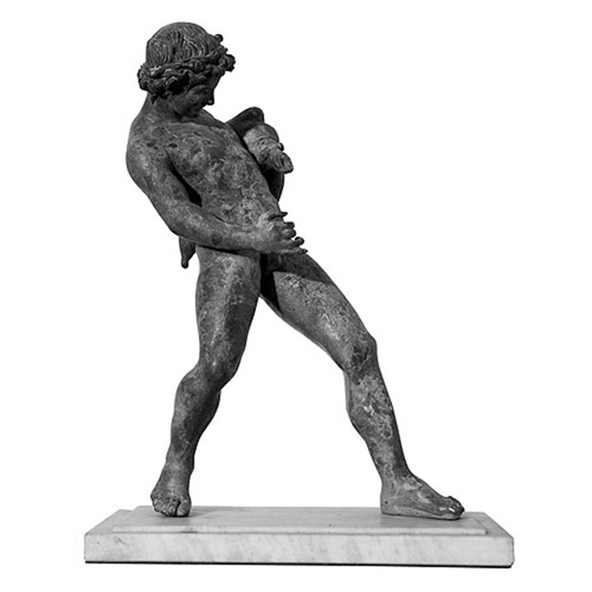 IX.8.6 Pompeii. 19th century copy of statue of satyr with wineskin.
According to Mau, in the middle of the north rounded end of the pool, found on a base of tufa, was the magnificent bronze statue of a Satyr with a wineskin.
The original was removed to the Naples Archaeological Museum, inventory number 111495.
See Bullettino dell’Instituto di corrispondenza archeologica, 1881, (p.170)