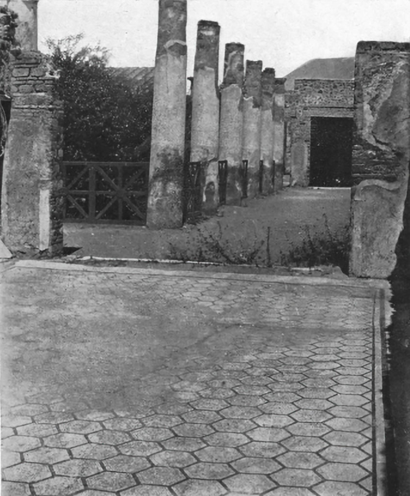 IX.8.6 Pompeii. c.1930.
Room 12, looking north across flooring composed of hexagons outlined in black, towards east portico.
See Blake, M., (1930). The pavements of the Roman Buildings of the Republic and Early Empire. Rome, MAAR, 8, (p.98, 109, & Pl.26,4).