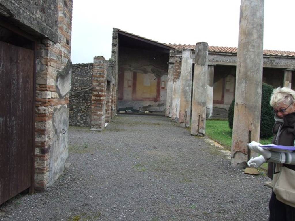 IX.8.6 Pompeii. March 2009. South Portico area. Looking west from outside Room 12. Cuts in the sides of the lower columns indicate where there had been a wooden fence. See Jashemski, W. F., 1993. The Gardens of Pompeii, Volume II: Appendices. New York: Caratzas. (p244)