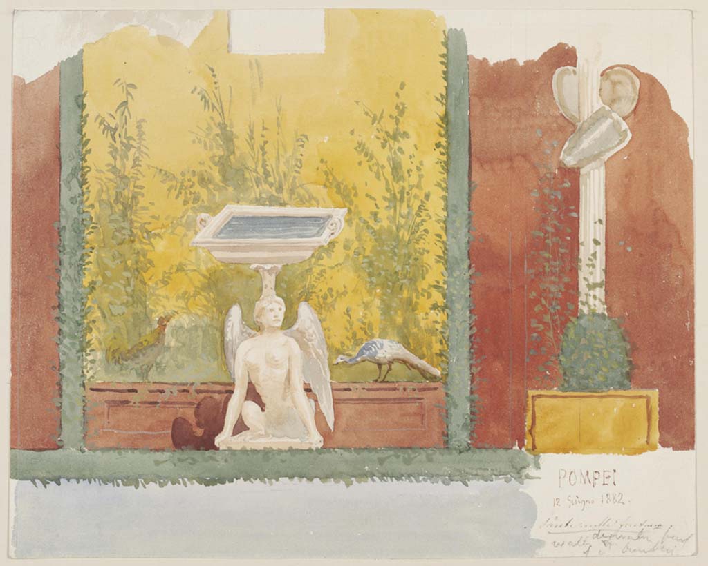 IX.8.6 Pompeii. 12th June 1882. Watercolour by Luigi Bazzani, described as “wall in the fountain”, detail of painted wall.
Photo © Victoria and Albert Museum. Inventory number 1078-1886.