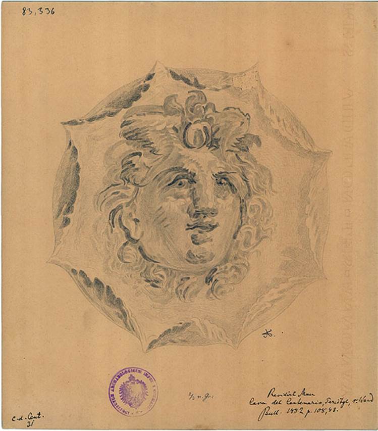 IX.8.6 Pompeii. Drawing of head of Zephyrus, the west wind, from peristyle.
See BdI, 1882, p. 108, no.83.
DAIR 83.336. Photo © Deutsches Archäologisches Institut, Abteilung Rom, Arkiv.
See http://arachne.uni-koeln.de/item/marbilderbestand/236080