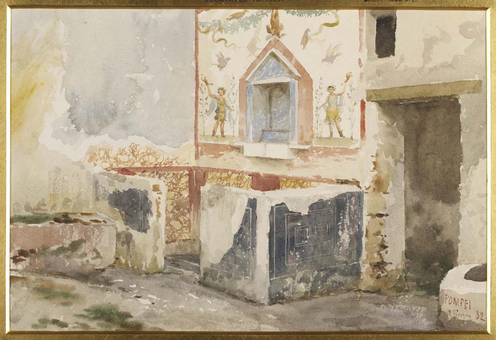 IX.8.6 Pompeii. 12th June 1882. Room 23, watercolour by Luigi Bazzani showing household shrine or lararium.
The Bacchus painting is not shown in this watercolour.
Photo © Victoria and Albert Museum. Inventory number 1063-1886.
According to Boyce –
Two low walls enclose a precinct (1.80 by 1.0) and within it is the lararium.
The outer surface of these walls is painted a uniform black, the inside - like the lower portions of the two walls of the room within the precinct – to represent yellow marble; along the top of the wall originally ran a wooden rail.
In the north wall of this precinct a space was left for the door.
In the centre of the space within the walls stands a small stone altar, consisting of a rectangular plinth supported upon a conical base; against the east and south walls outside of the precinct stand two masonry benches.
See Boyce G. K., 1937. Corpus of the Lararia of Pompeii. Rome: MAAR 14. (p.89, no.448).