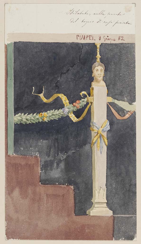 IX.8.6 Pompeii. 8th June 1882. Watercolour by Luigi Bazzani.
Room 31, frigidarium, both the east and west walls were seen painted with a high black zoccolo, decorated with bacchic herms, between which were suspended garlands of flowers and foliage. Today, nothing is legible and has been completely lost.
Photo © Victoria and Albert Museum. Inventory number 1076-1886.
(described as “1882. Stilobate sulla parete del bagno di casa privata. Pompei 8 Giugno 82”.