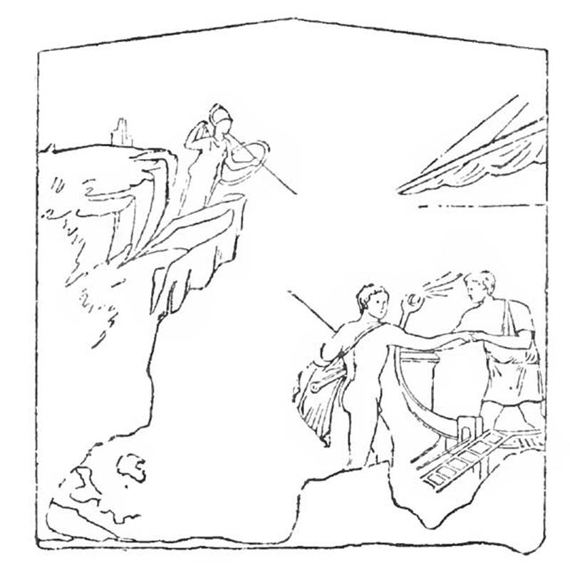 IX.8.8 Pompeii. 1890 sketch of painting of Theseus abandoning Ariadne.
According to NdS, in a room, not yet entirely excavated in 1891, of a small house to the south of the House of the Centenary, a badly conserved painting was found on the west wall.
It showed Theseus abandoning Ariadne. It was 1.09m high by 1m wide.
The sleeping Ariadne was on the left but was completely destroyed.
On the right is a ladder which acts as a bridge resting on the prow of the ship.
On the bridge is the naked Theseus giving his right hand to a bearded sailor who helps him climb aboard.
In the background is a cliff, behind which Pallas descends from above, armed with helmet shield and spear.
See Bullettino dell’Instituto di Corrispondenza Archeologica (DAIR), 1890. p. 277.
See Notizie degli Scavi di Antichità, 1891, p. 265.