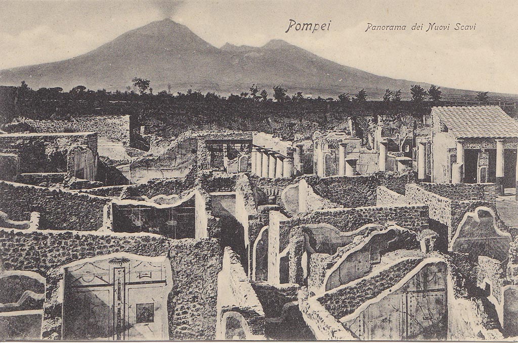 IX.8.c Pompeii. Old undated postcard. Looking north from the top of the unexcavated area.
IX.8.c is in the lower front of the photo. Behind is IX.8.b and at the rear is the House of the Centenary. Photo courtesy of Drew Baker.